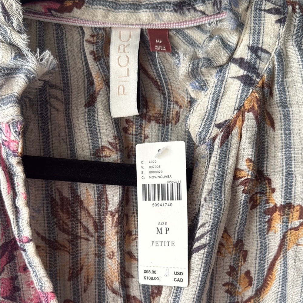 NWT Anthropologie Pilcro cream, blue, pink 3/4 Sleeve Button Down Shirt - Picture 2 of 5